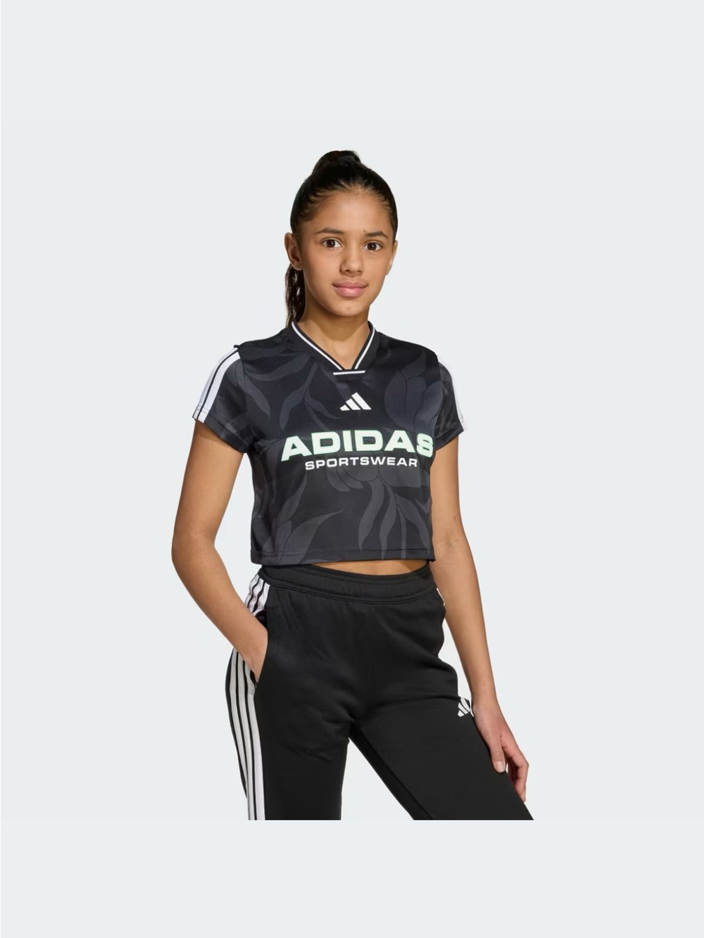Adidas | Black Floral Print Graphic Cropped Sportswear Kids Tee, Girls 11-12Y